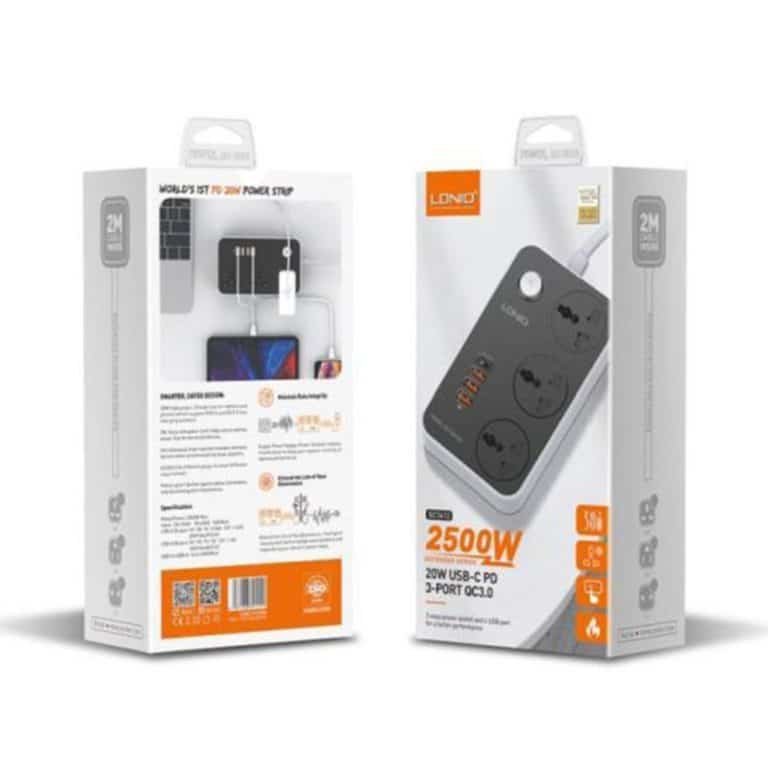 LDNIO SC3412 Power Strip with 3 AC Outlets and 4 USB Ports – 2500W