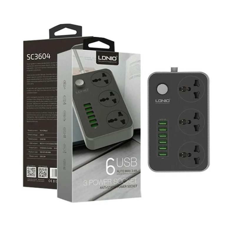 LDNIO SC3604 Power Socket with 3 Sockets and 6 USB Ports – 2500W