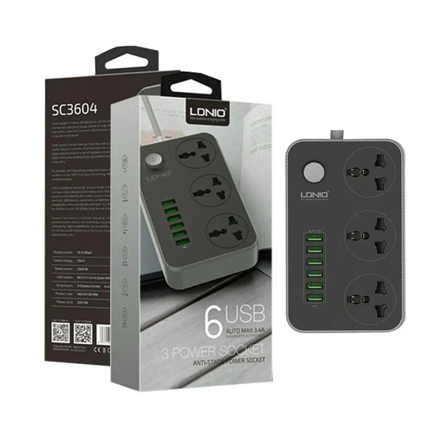 LDNIO SC3604 1 LDNIO SC3604 Power Socket with 3 Sockets and 6 USB Ports – 2500W