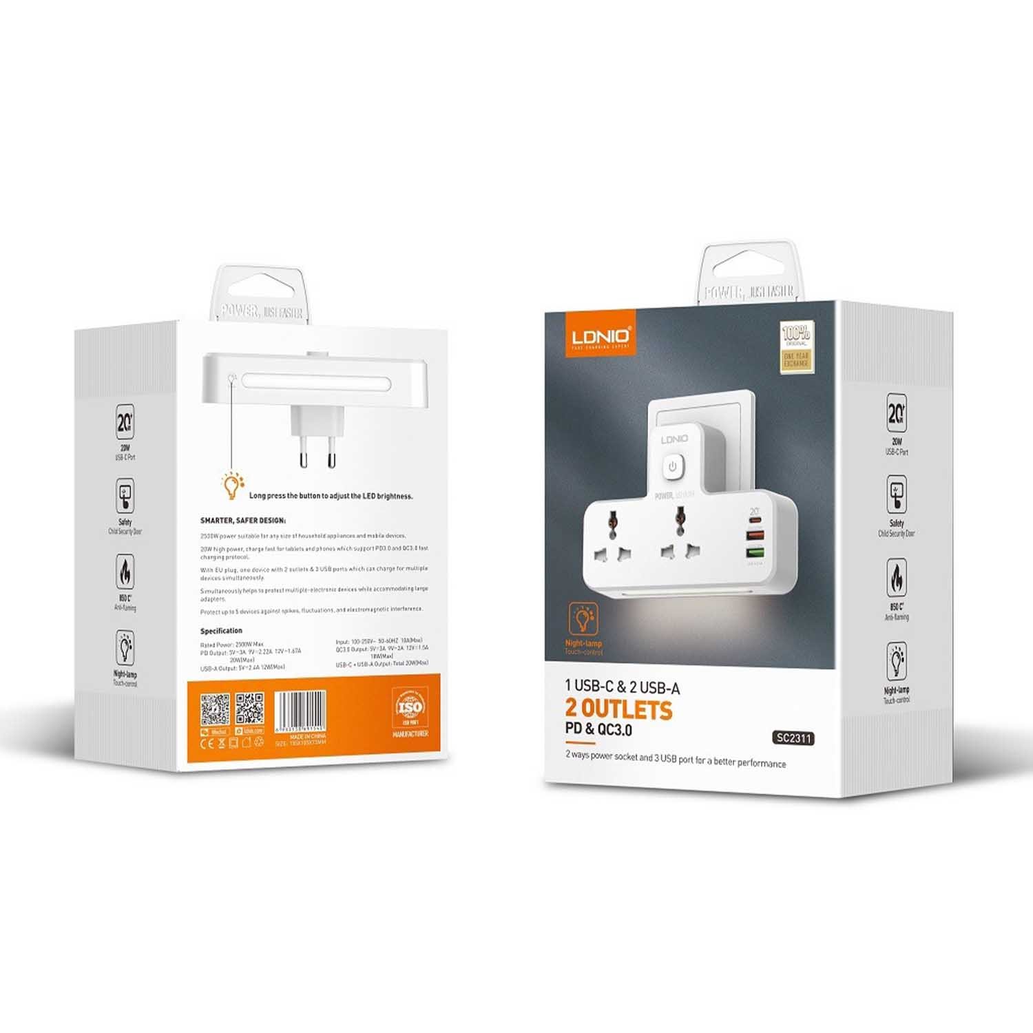 ldnio sc2311 1 LDNIO SC2311 Power Extension with USB and Night Lamp